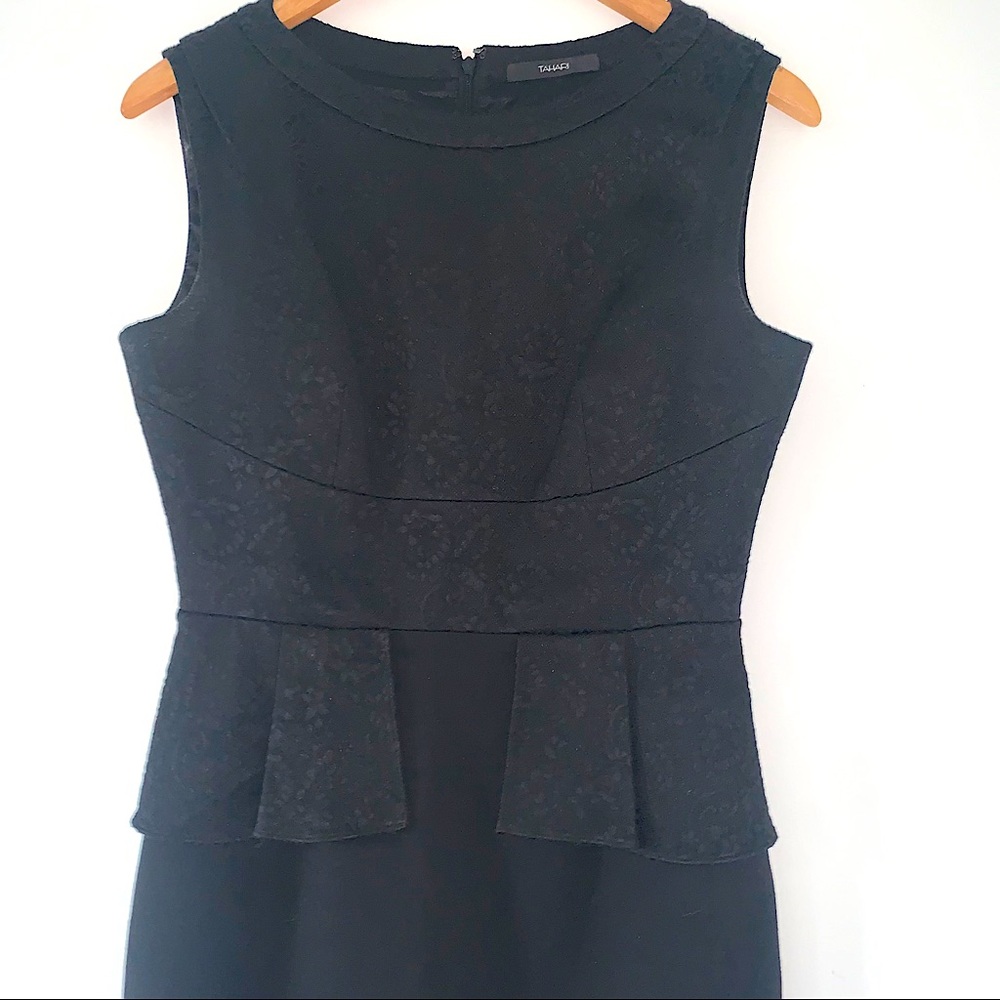 Tahari Mixed Material Black Peplum Dress